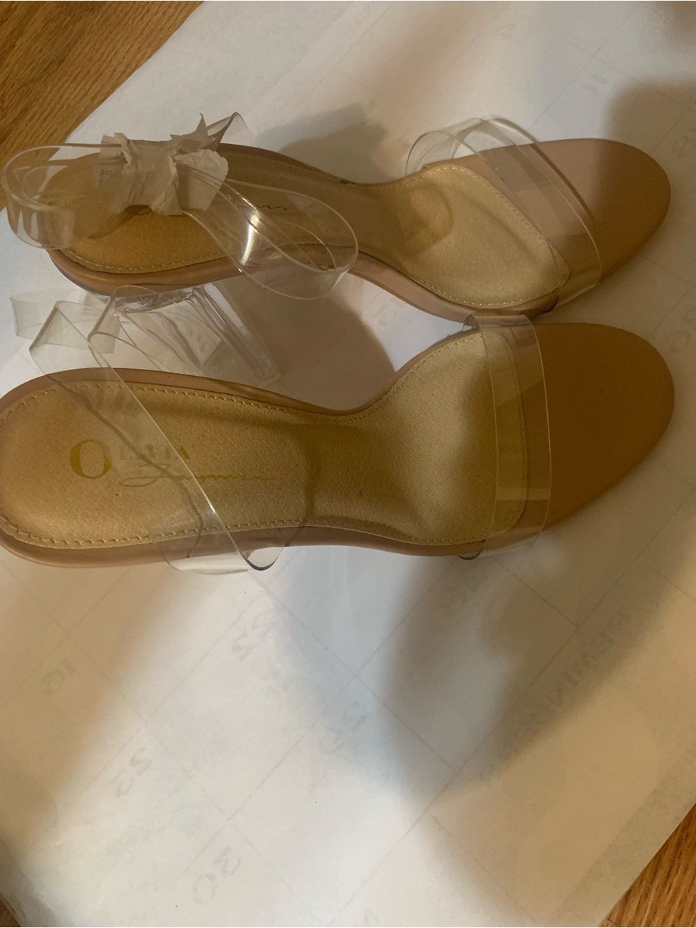 North by Olivia Jaymes nude ankle strap chunky block lucite heel sandals.